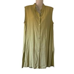 Eileen Fisher Linen Blend Tunic Green Button Front Sleeveless BOHO Coastal Med